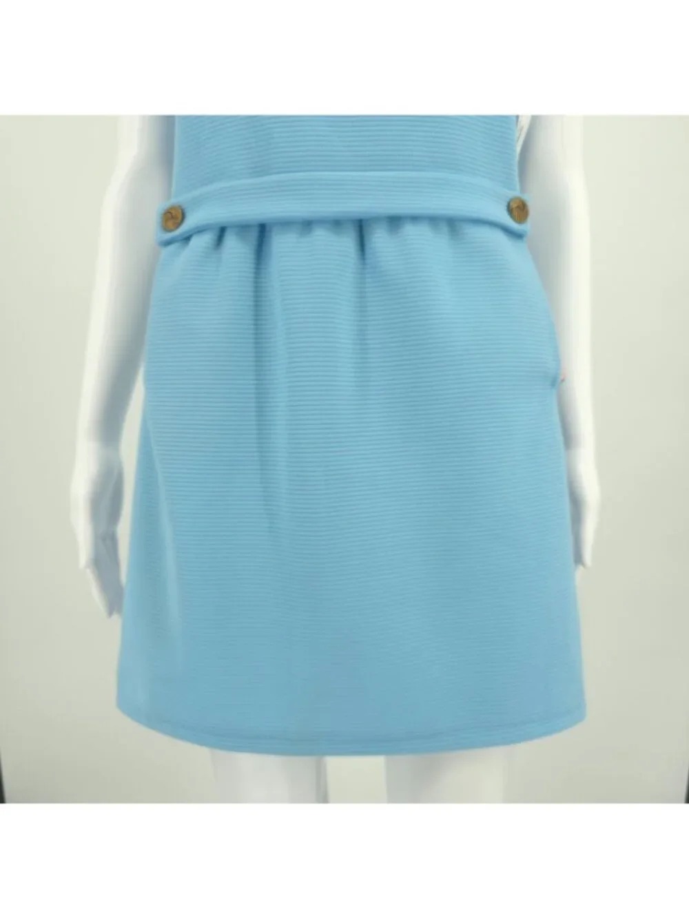 Vintage 1960s Blue Dacron Ribbed Knit Sleeveless Mock Neck Mod Mini Dress (M)